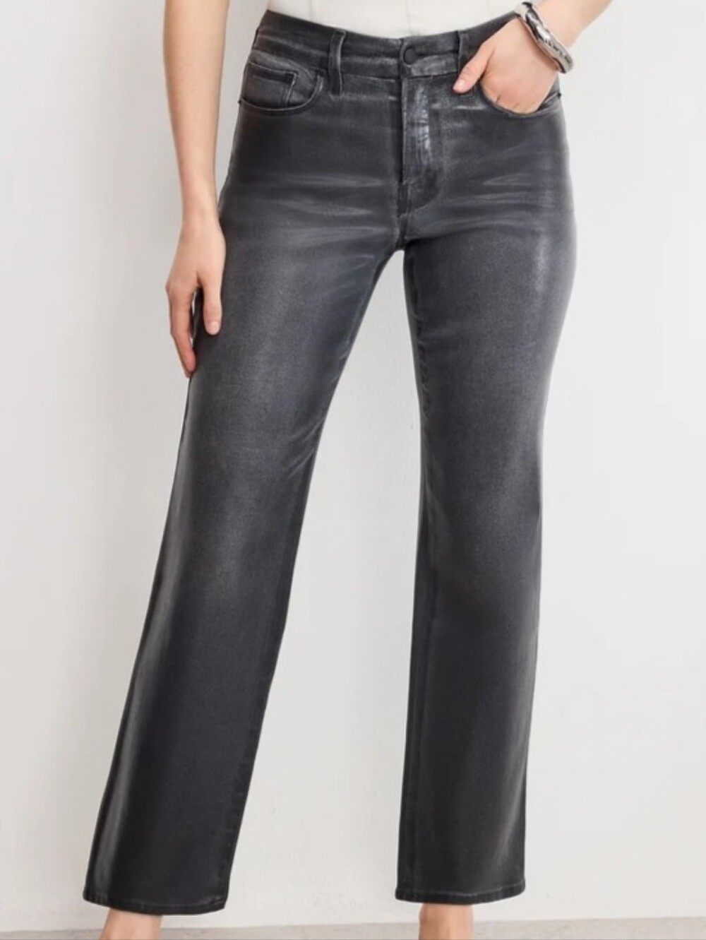 NWT Good American Denim Jeans Black Waxed Cotton Straight Leg High Waist Sz 2/26